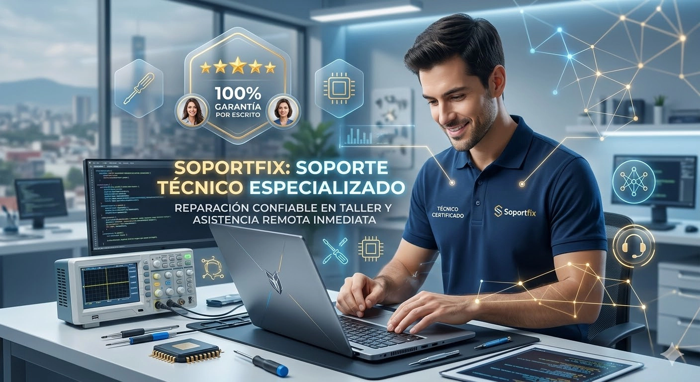 Técnico profesional de Soportfix realizando soporte técnico avanzado en Coacalco y remoto